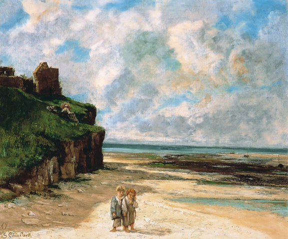 People Oil Painting - Children Walking on Coastal Beach - Oil Painting Haven