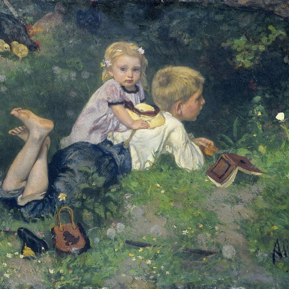People Oil Painting - Children Watching Butterflies in Garden - Oil Painting Haven