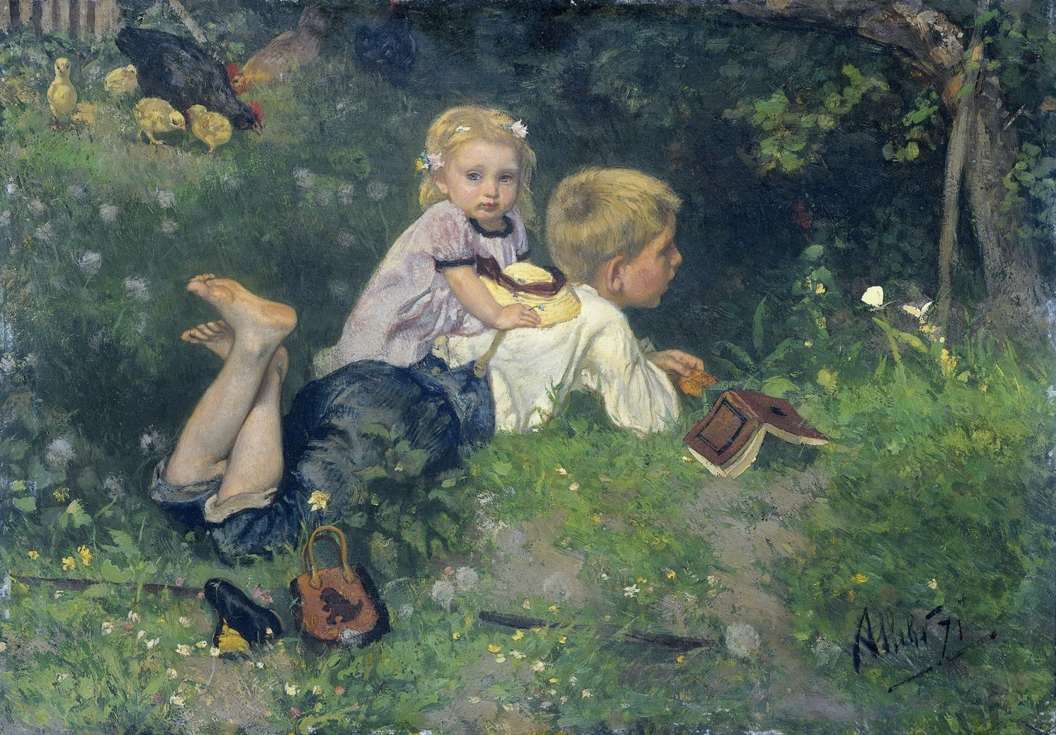 People Oil Painting - Children Watching Butterflies in Garden - Oil Painting Haven
