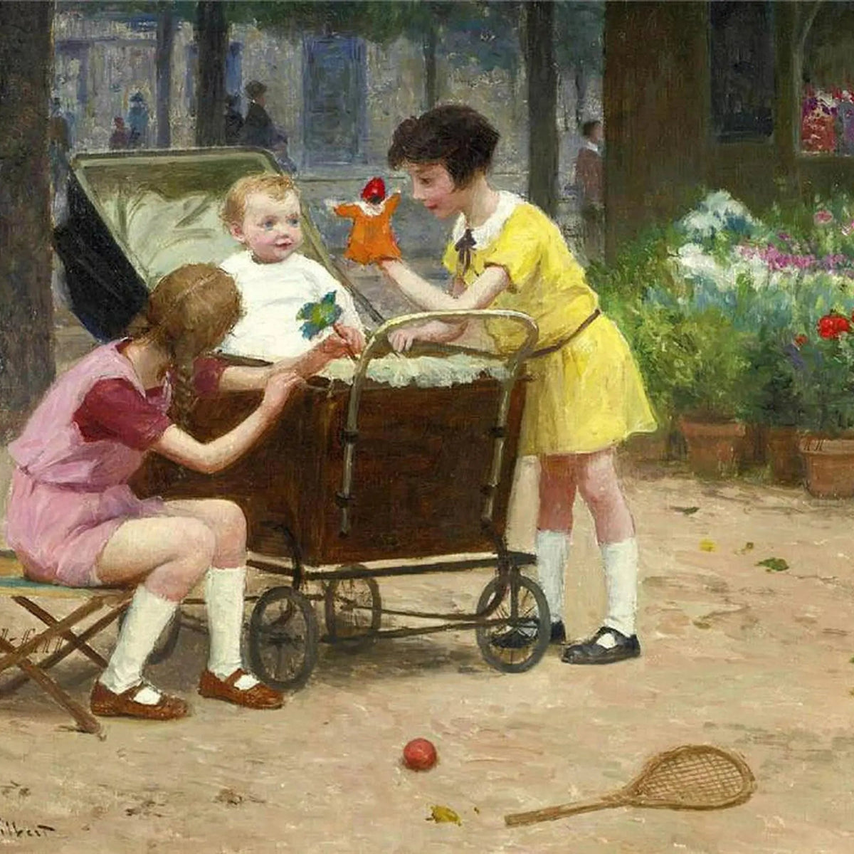 People Oil Painting - Children with Baby in Stroller - Oil Painting Haven