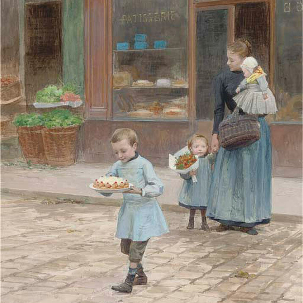 People Oil Painting - Children with Cake Outside Bakery - Oil Painting Haven