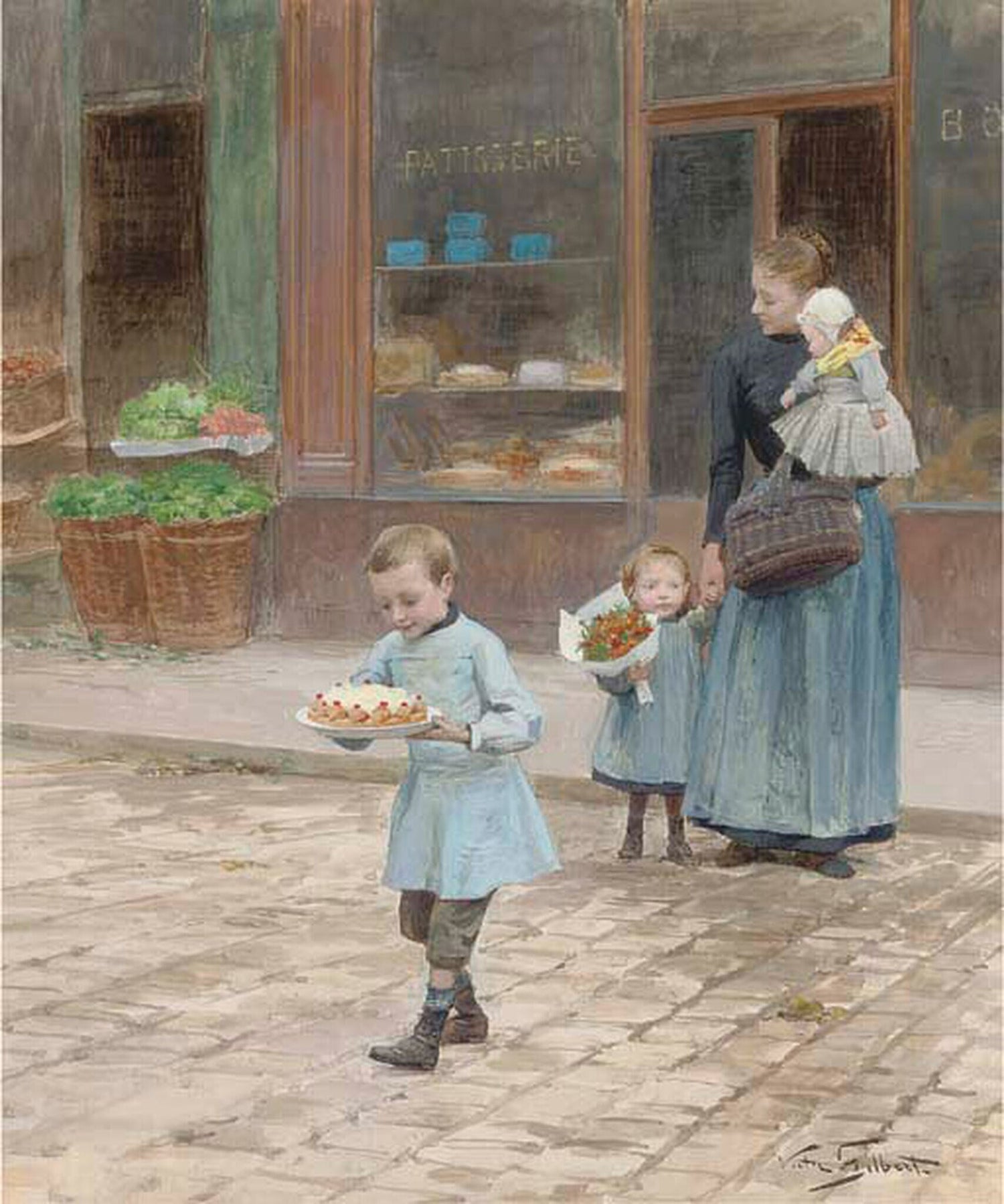 People Oil Painting - Children with Cake Outside Bakery - Oil Painting Haven
