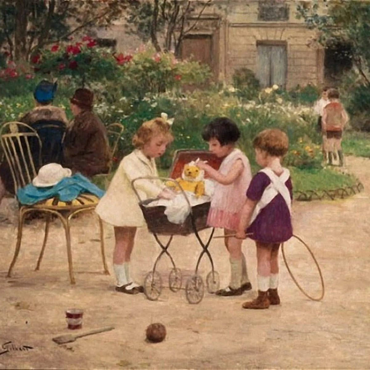 People Oil Painting - Children with Doll Carriage - Oil Painting Haven