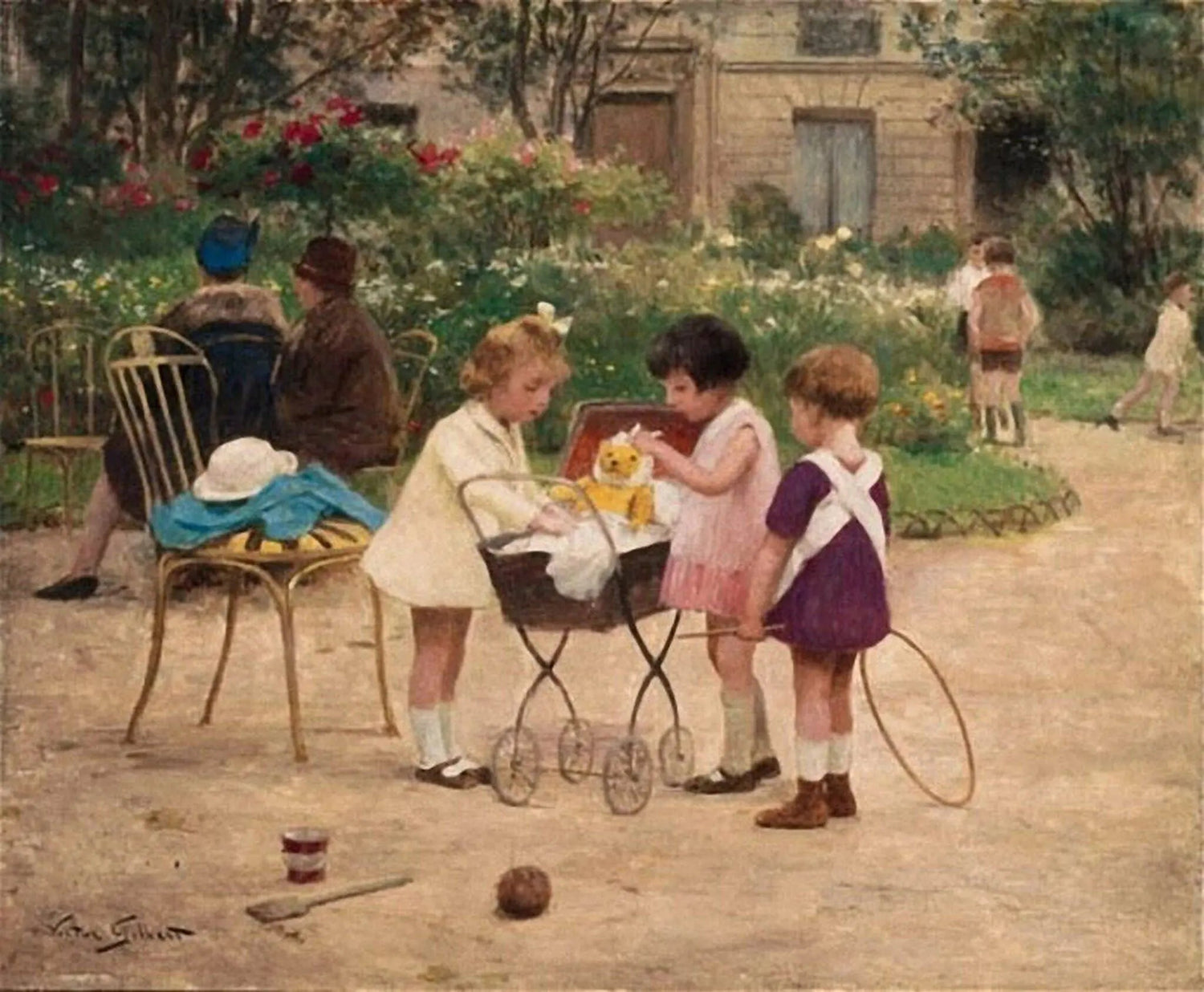 People Oil Painting - Children with Doll Carriage - Oil Painting Haven