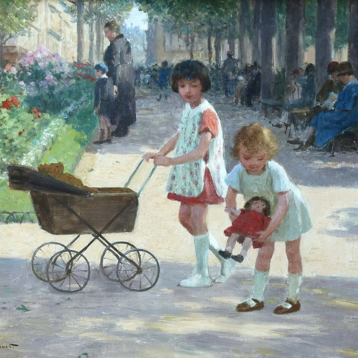 People Oil Painting - Children with Doll Carriage Wall Art - Oil Painting Haven