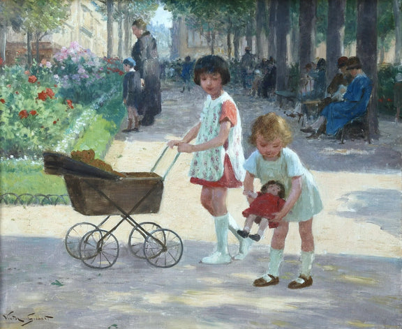People Oil Painting - Children with Doll Carriage Wall Art - Oil Painting Haven