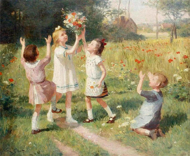 People Oil Painting - Children with Flower Bouquet - Oil Painting Haven