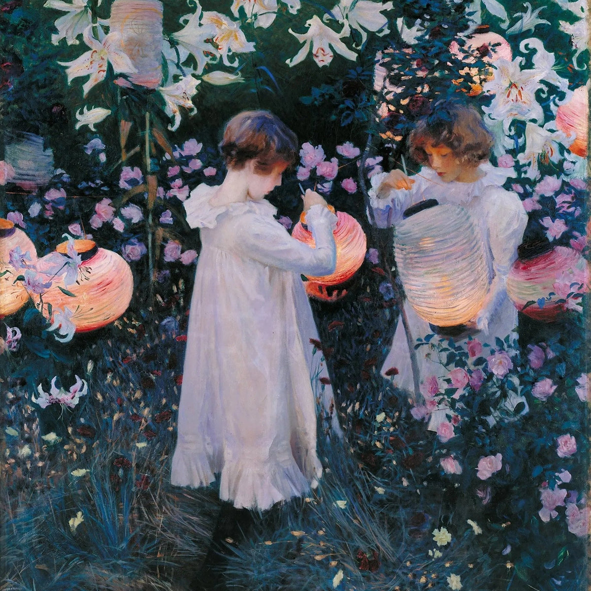 People Oil Painting - Children with Lanterns in Flower Garden - Oil Painting Haven
