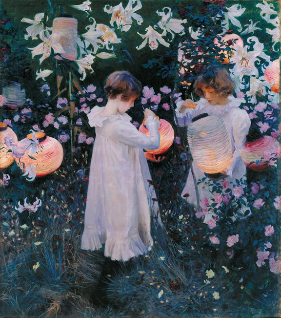People Oil Painting - Children with Lanterns in Flower Garden - Oil Painting Haven