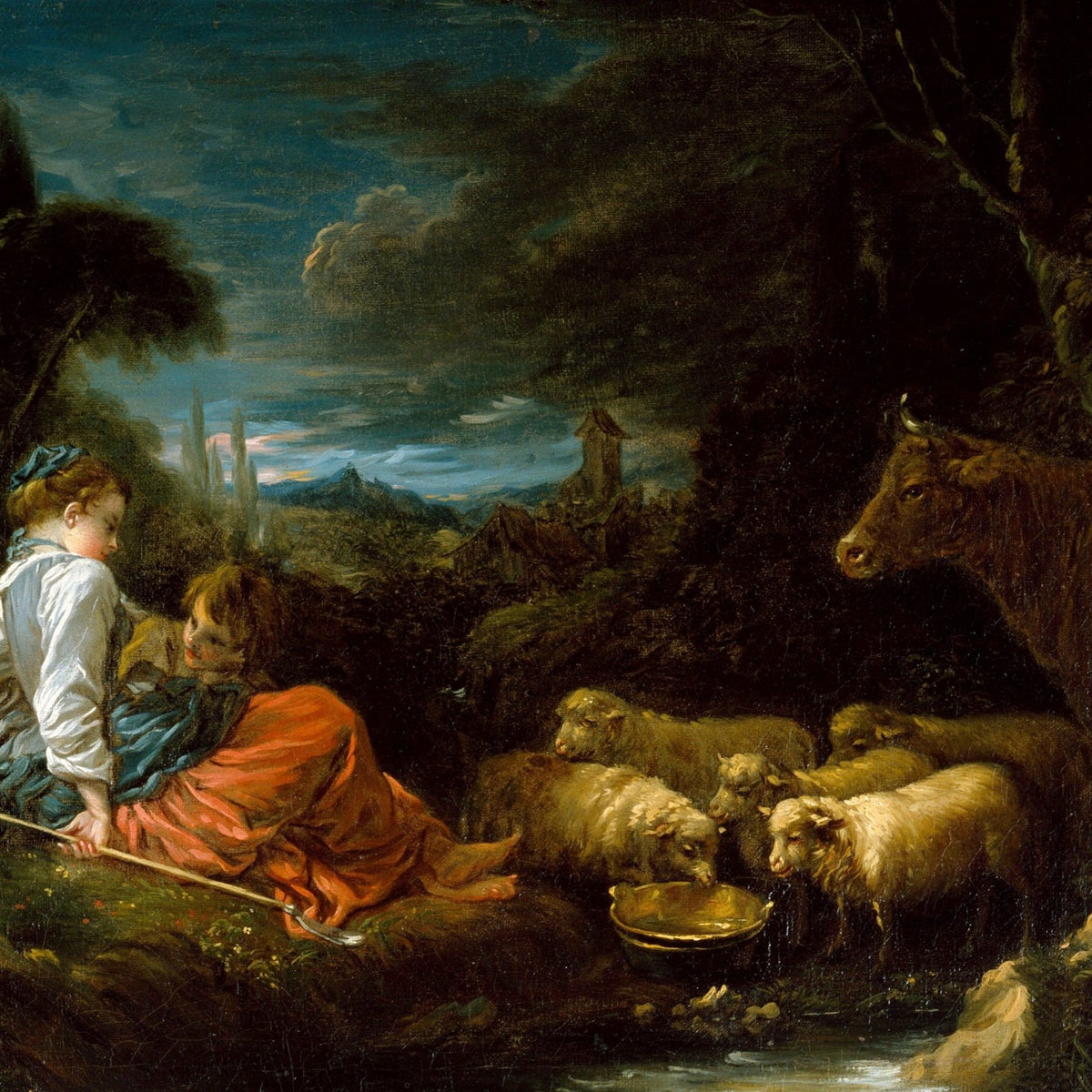 People Oil Painting - Children with Sheep in Pastoral Scene - Oil Painting Haven