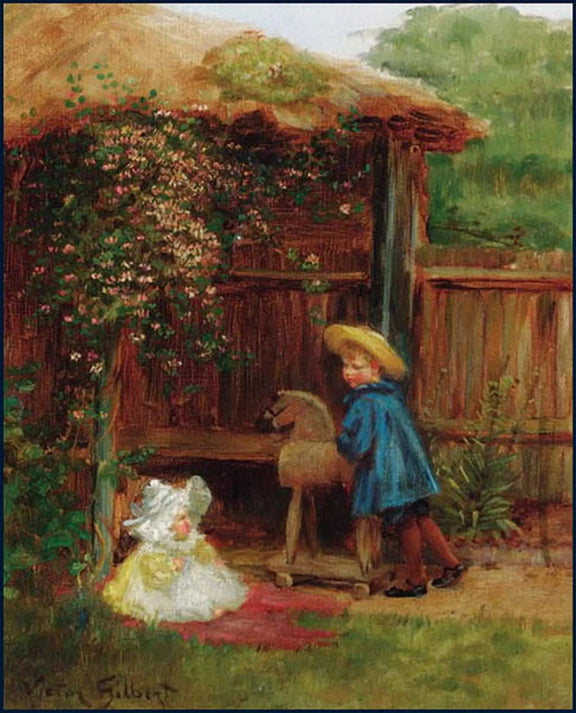 People Oil Painting - Children with Toy Horse - Oil Painting Haven