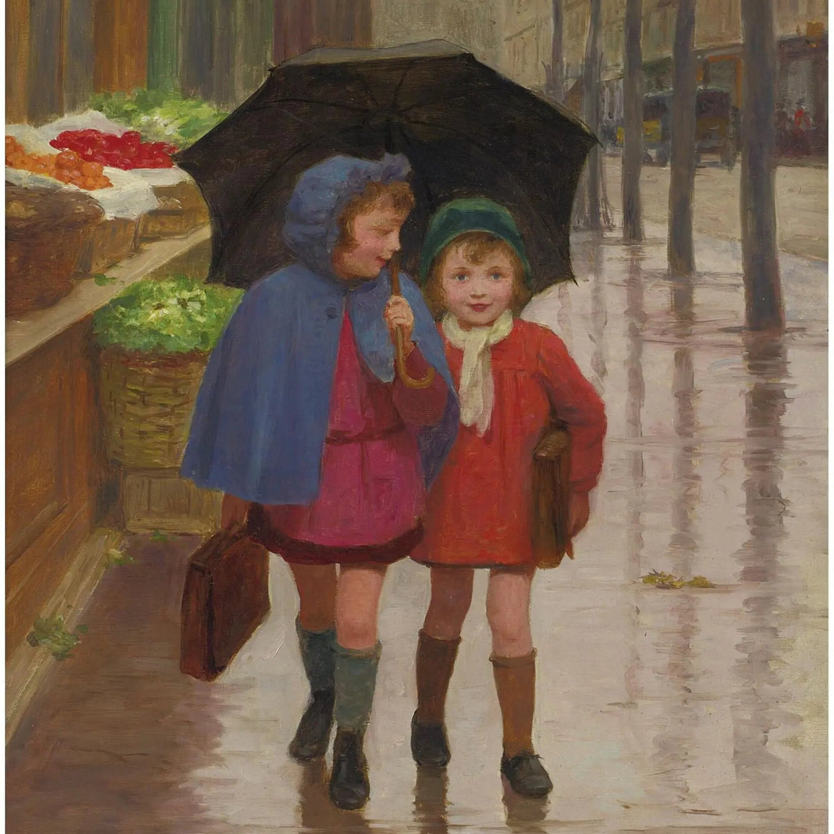 People Oil Painting - Children with Umbrella in Rain - Oil Painting Haven