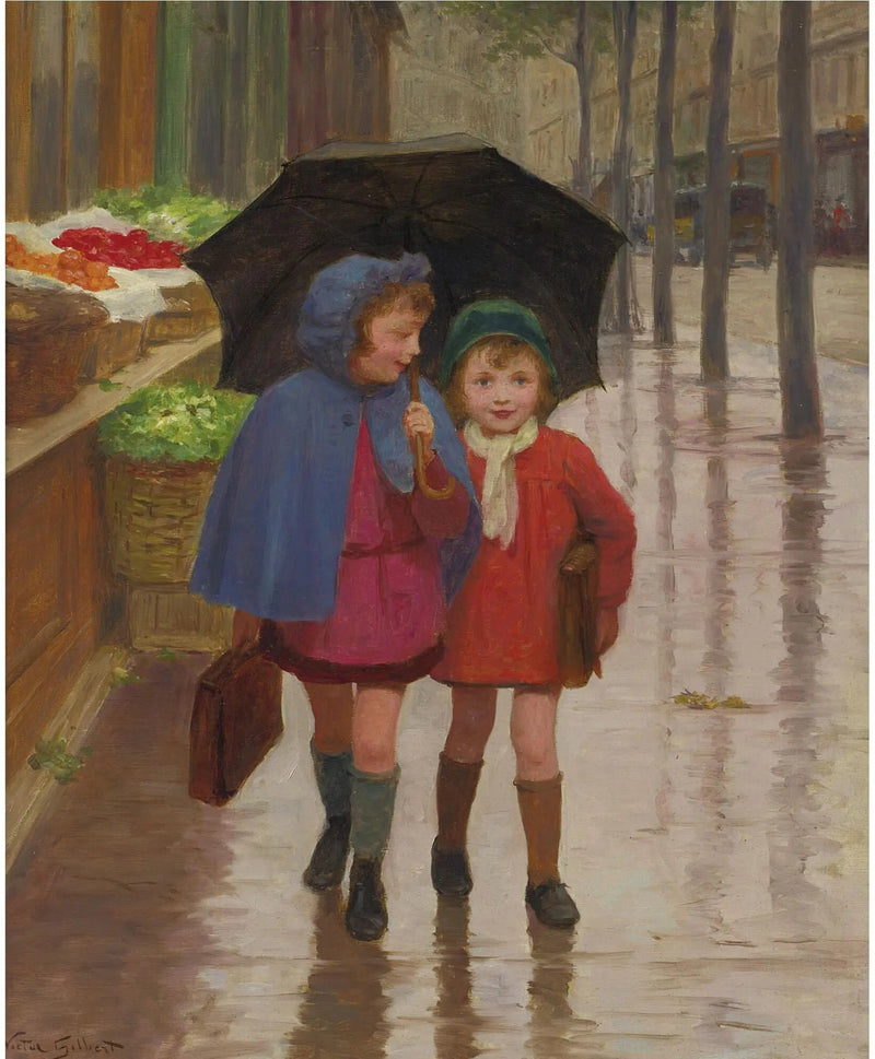 People Oil Painting - Children with Umbrella in Rain - Oil Painting Haven