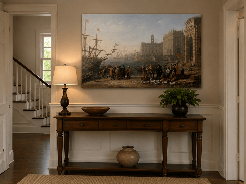People Oil Painting - Classical Harbor Scene with Figures