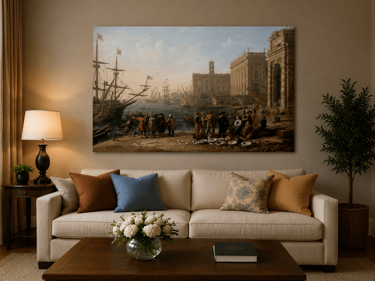 People Oil Painting - Classical Harbor Scene with Figures