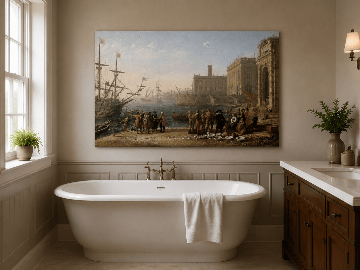 People Oil Painting - Classical Harbor Scene with Figures
