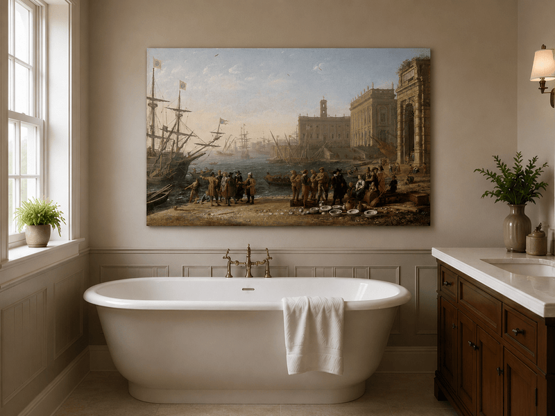 People Oil Painting - Classical Harbor Scene with Figures