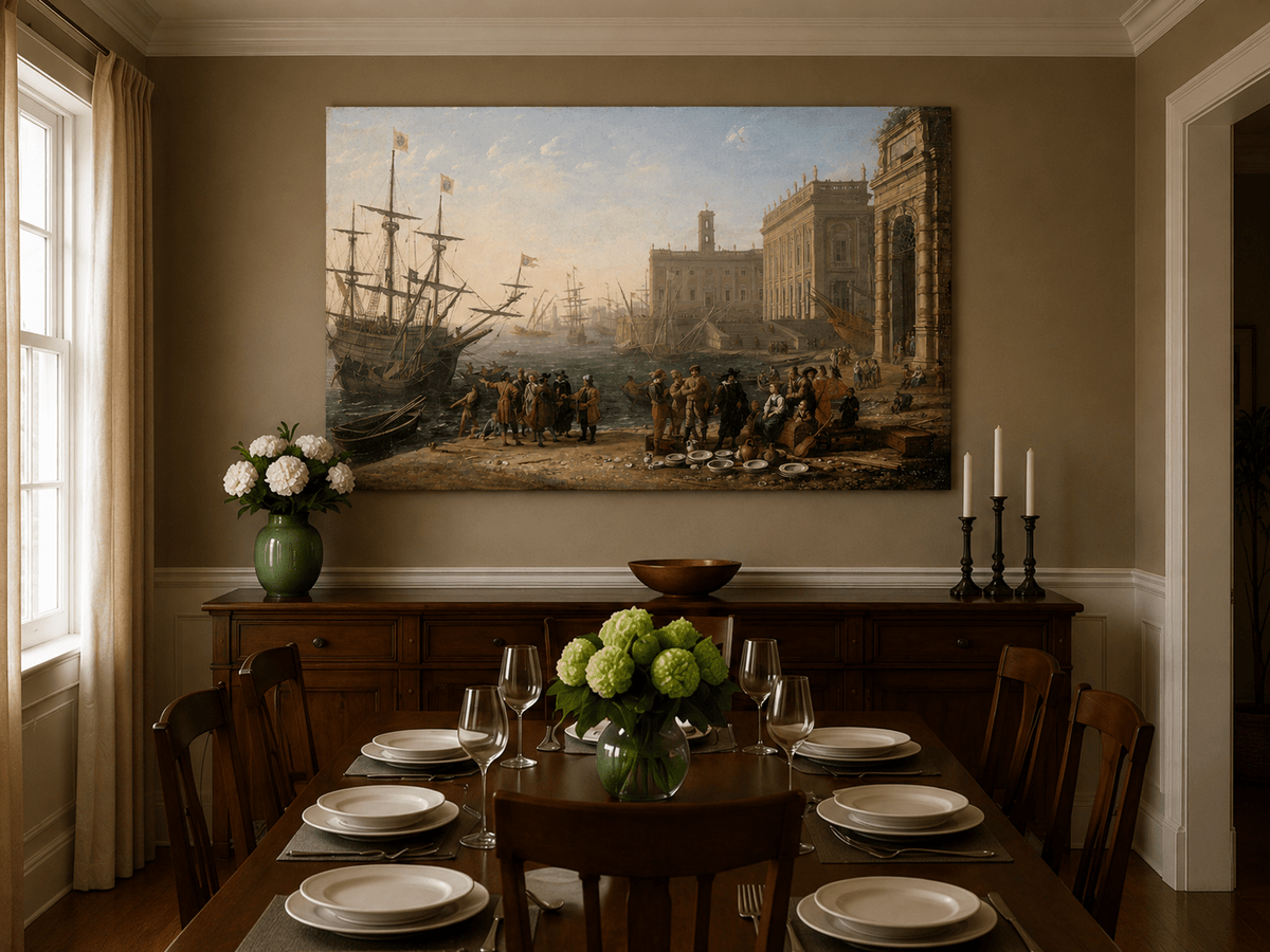 People Oil Painting - Classical Harbor Scene with Figures