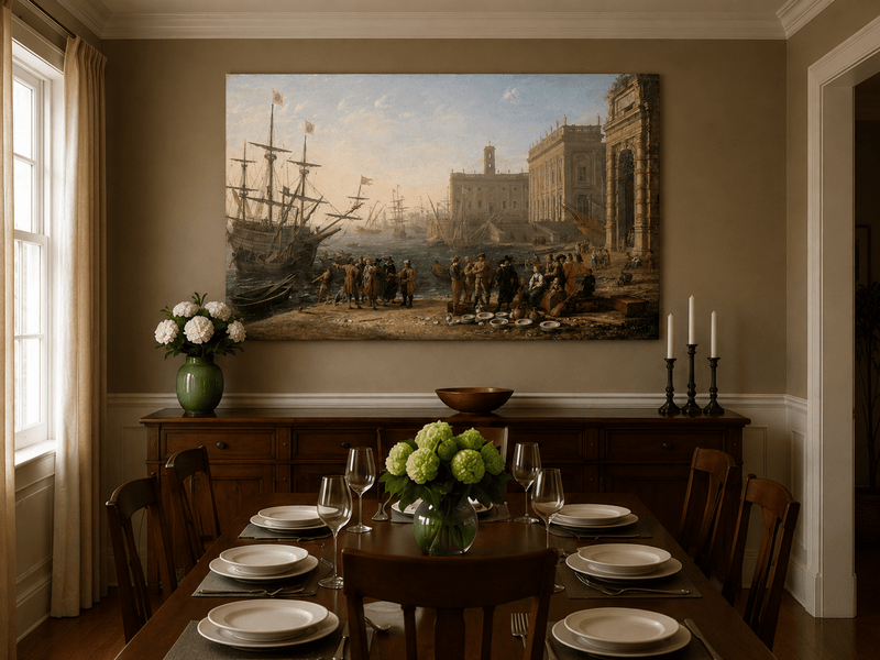People Oil Painting - Classical Harbor Scene with Figures