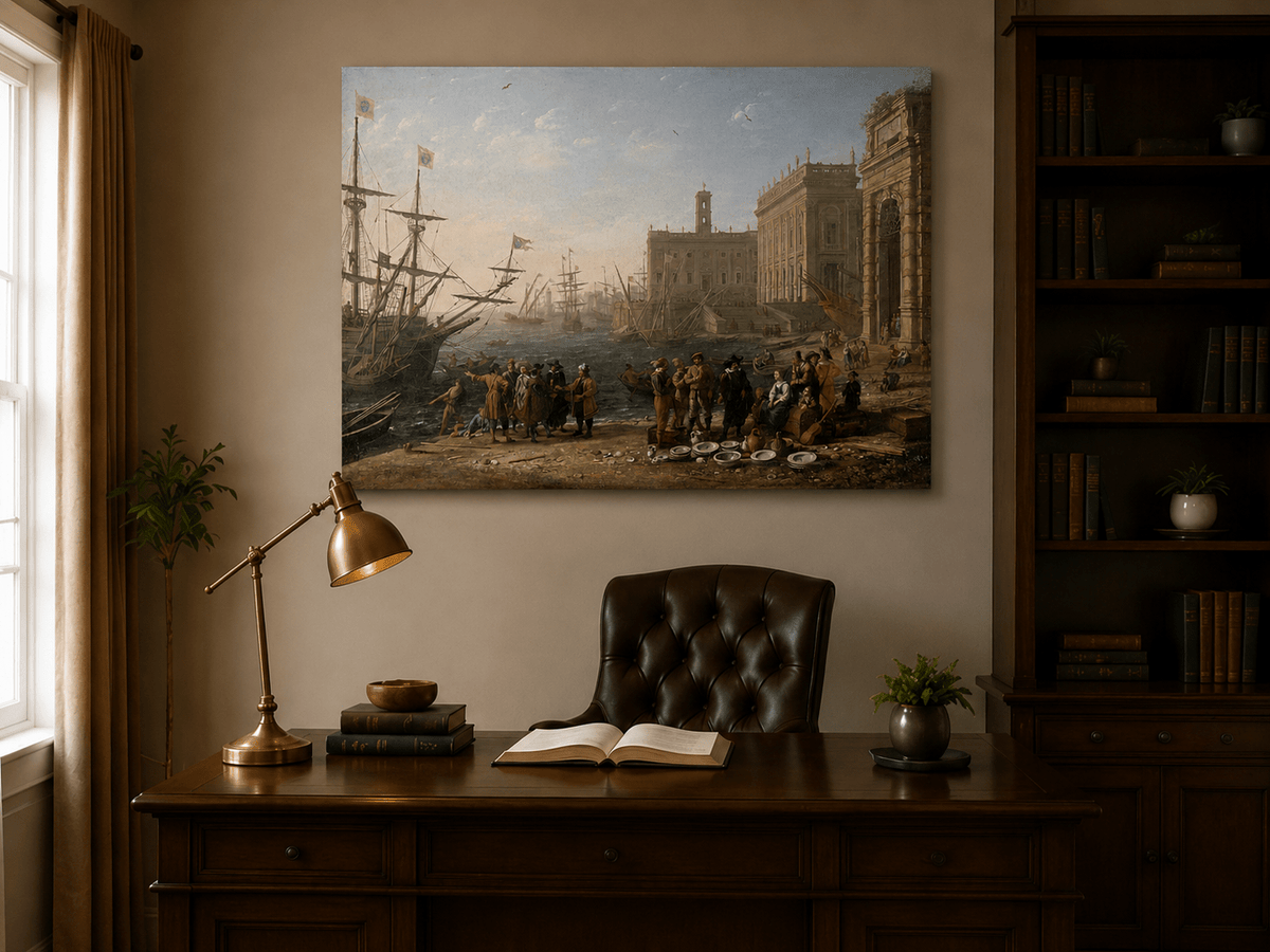 People Oil Painting - Classical Harbor Scene with Figures