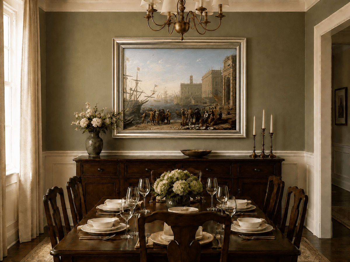 People Oil Painting - Classical Harbor Scene with Figures