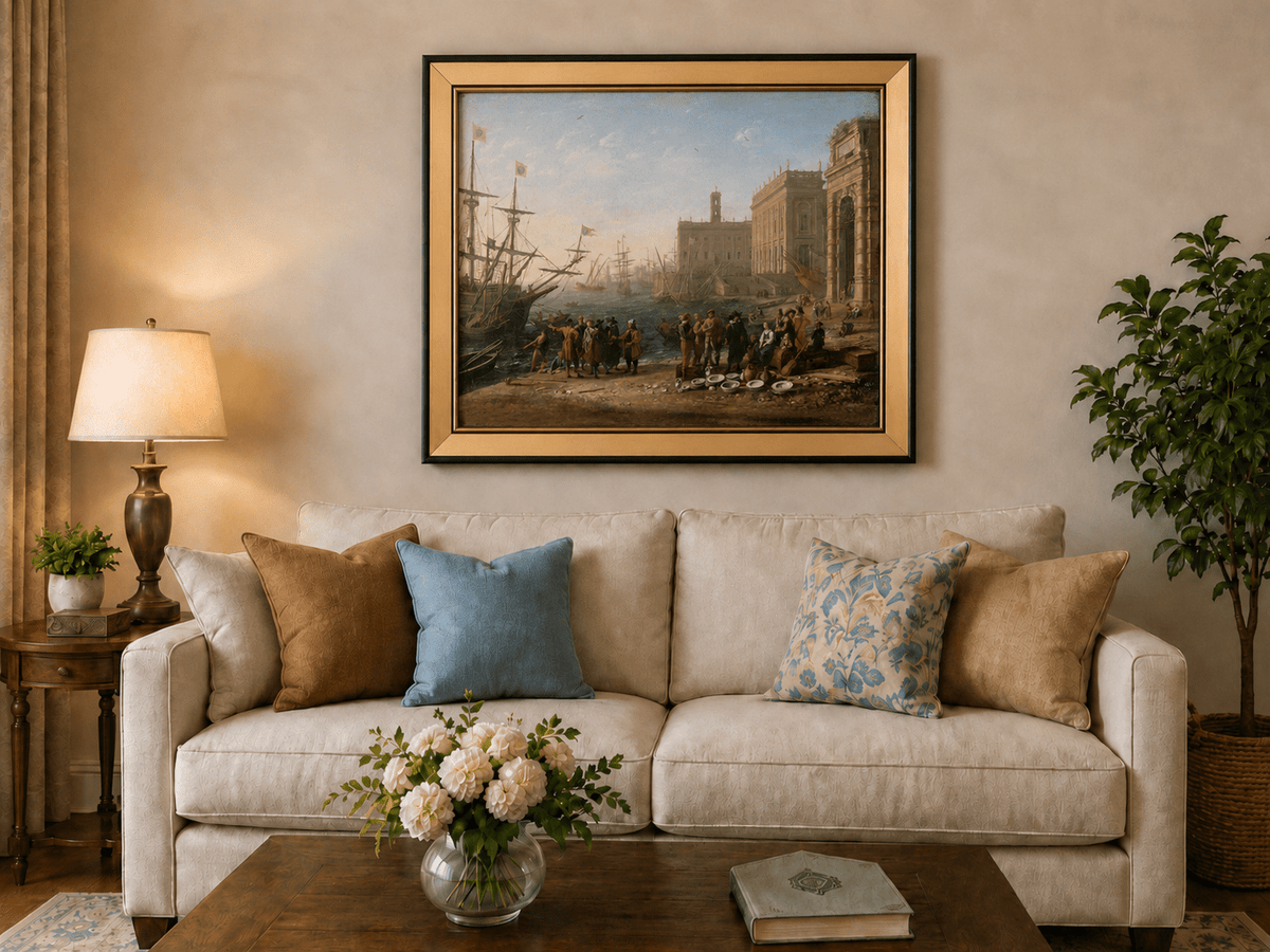 People Oil Painting - Classical Harbor Scene with Figures