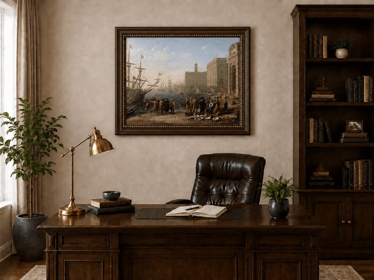 People Oil Painting - Classical Harbor Scene with Figures