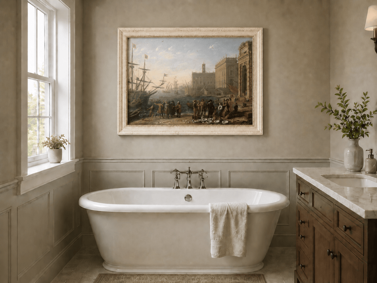 People Oil Painting - Classical Harbor Scene with Figures