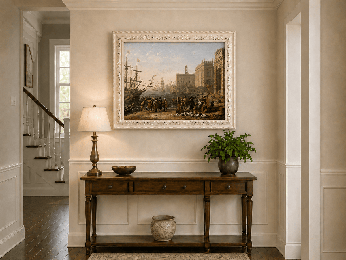 People Oil Painting - Classical Harbor Scene with Figures