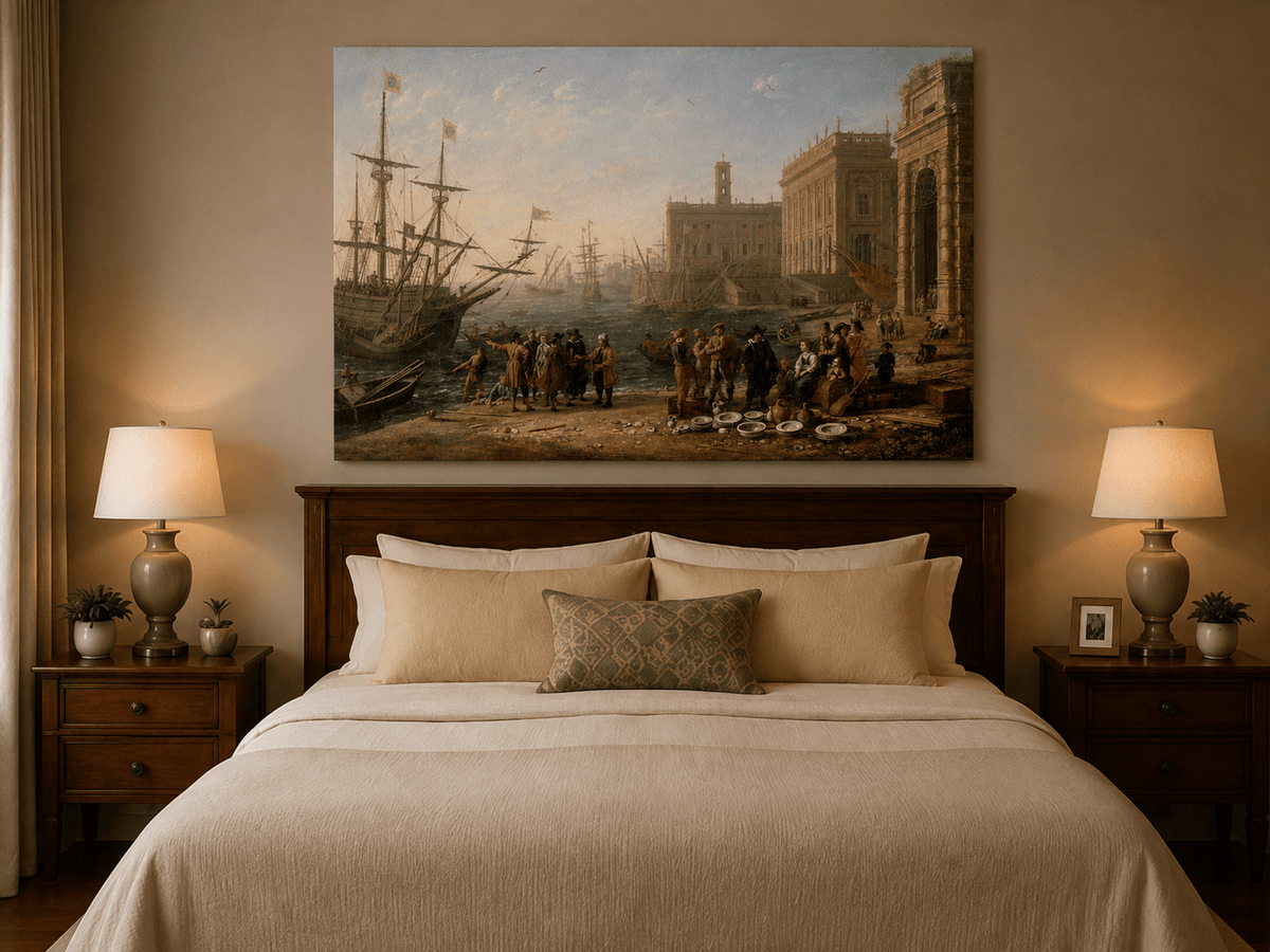 People Oil Painting - Classical Harbor Scene with Figures