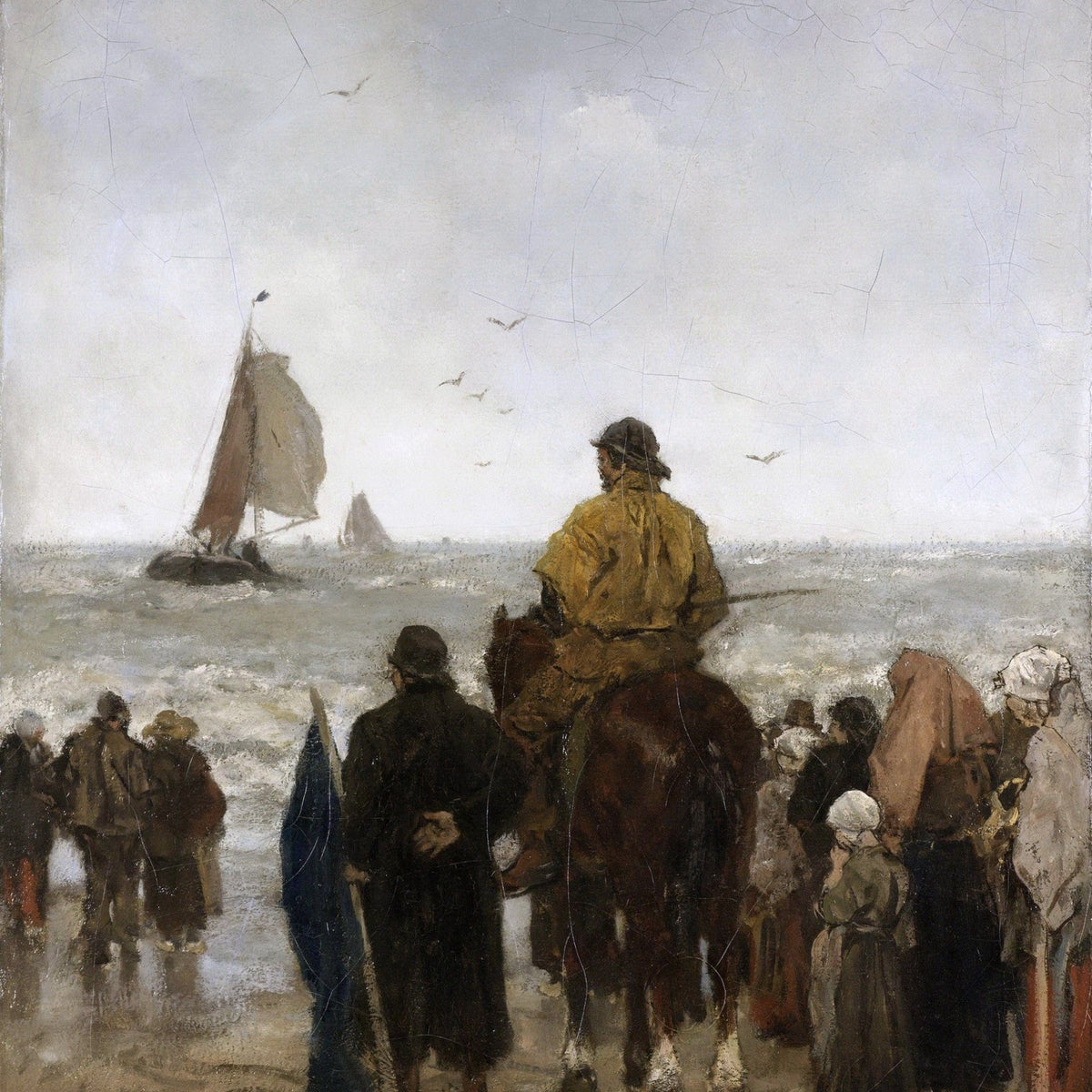 People Oil Painting - Coastal Crowd Watching Boats at Sea - Oil Painting Haven