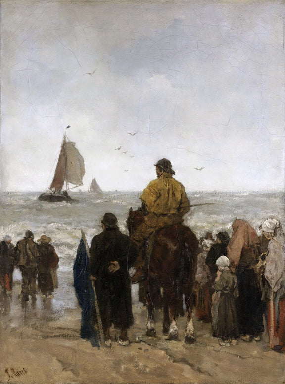 People Oil Painting - Coastal Crowd Watching Boats at Sea - Oil Painting Haven