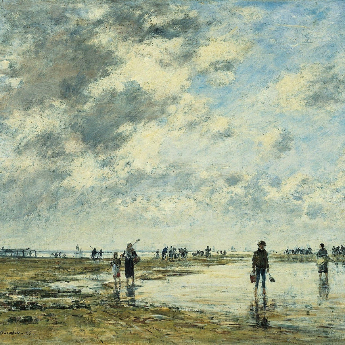People Oil Painting - Coastal Figures on Wet Sand Beach Scene - Oil Painting Haven