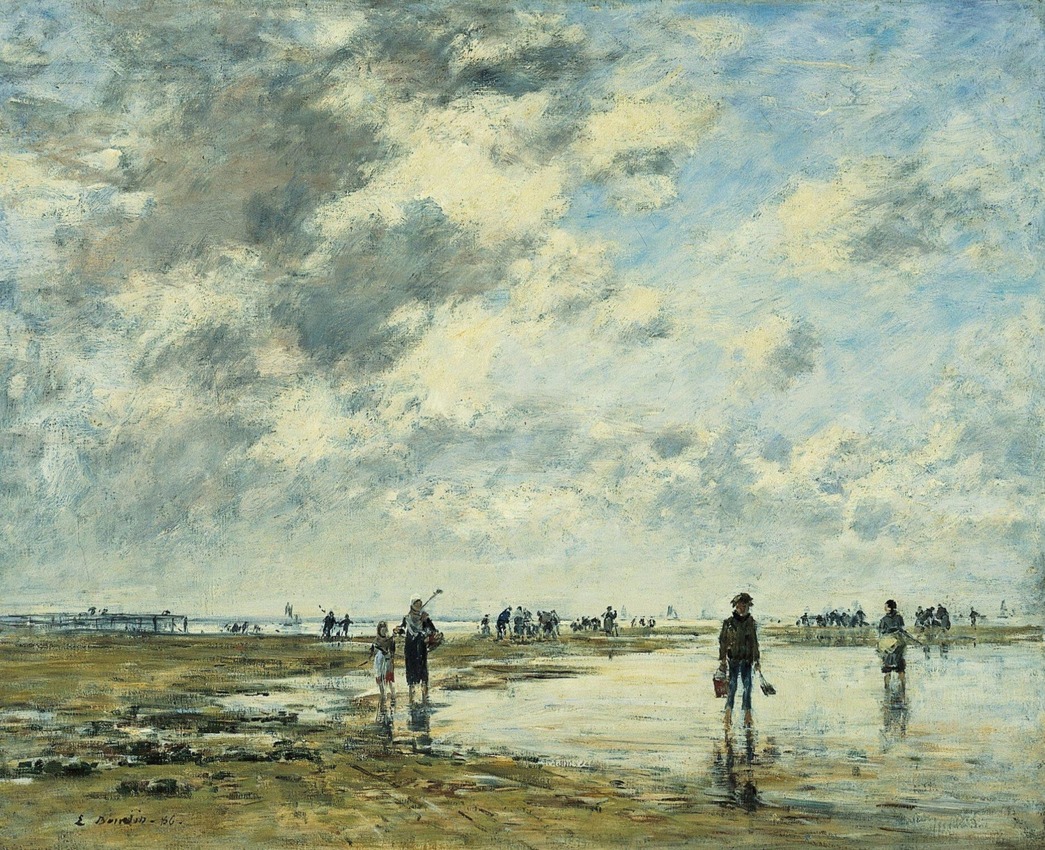 People Oil Painting - Coastal Figures on Wet Sand Beach Scene - Oil Painting Haven