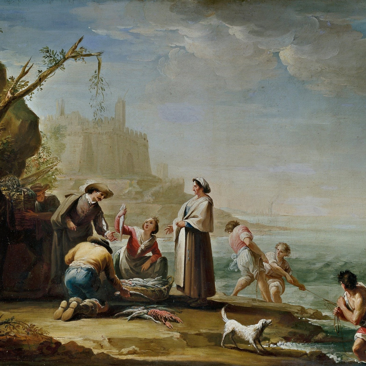 People Oil Painting - Coastal Fishermen Scene with Daily Life - Oil Painting Haven