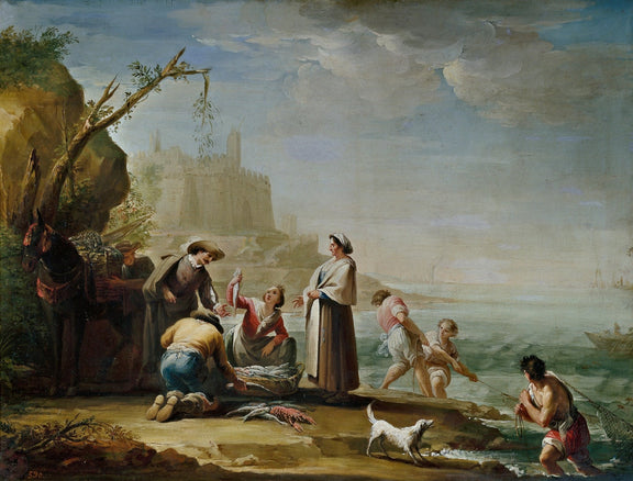 People Oil Painting - Coastal Fishermen Scene with Daily Life - Oil Painting Haven