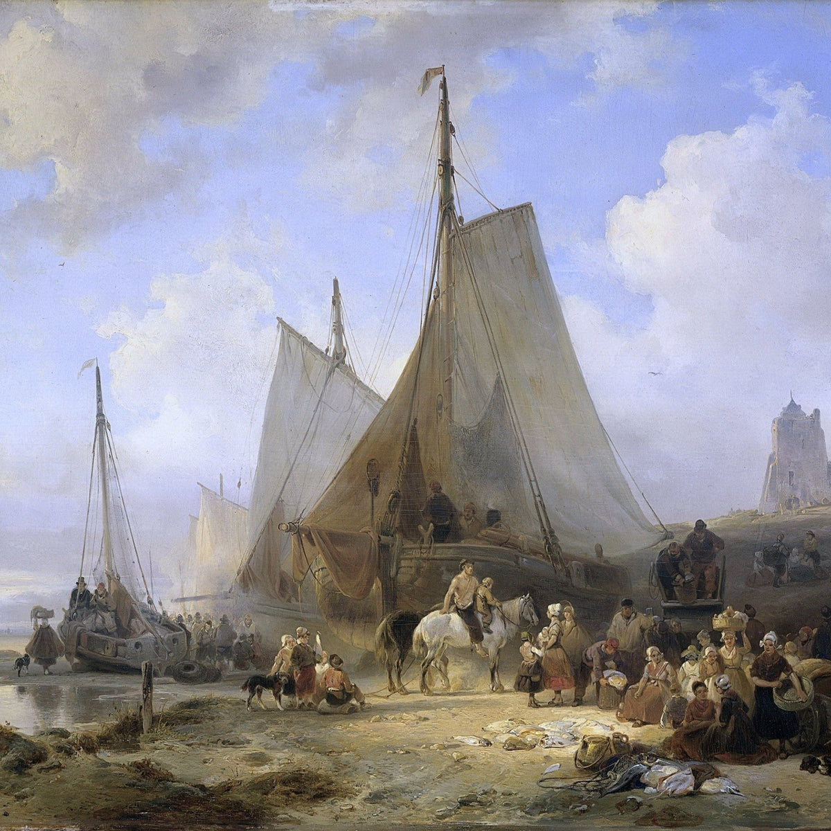 People Oil Painting - Coastal Fishing Scene with Boats and Figures - Oil Painting Haven