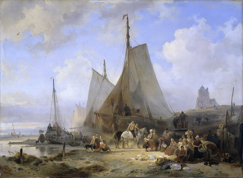 People Oil Painting - Coastal Fishing Scene with Boats and Figures - Oil Painting Haven