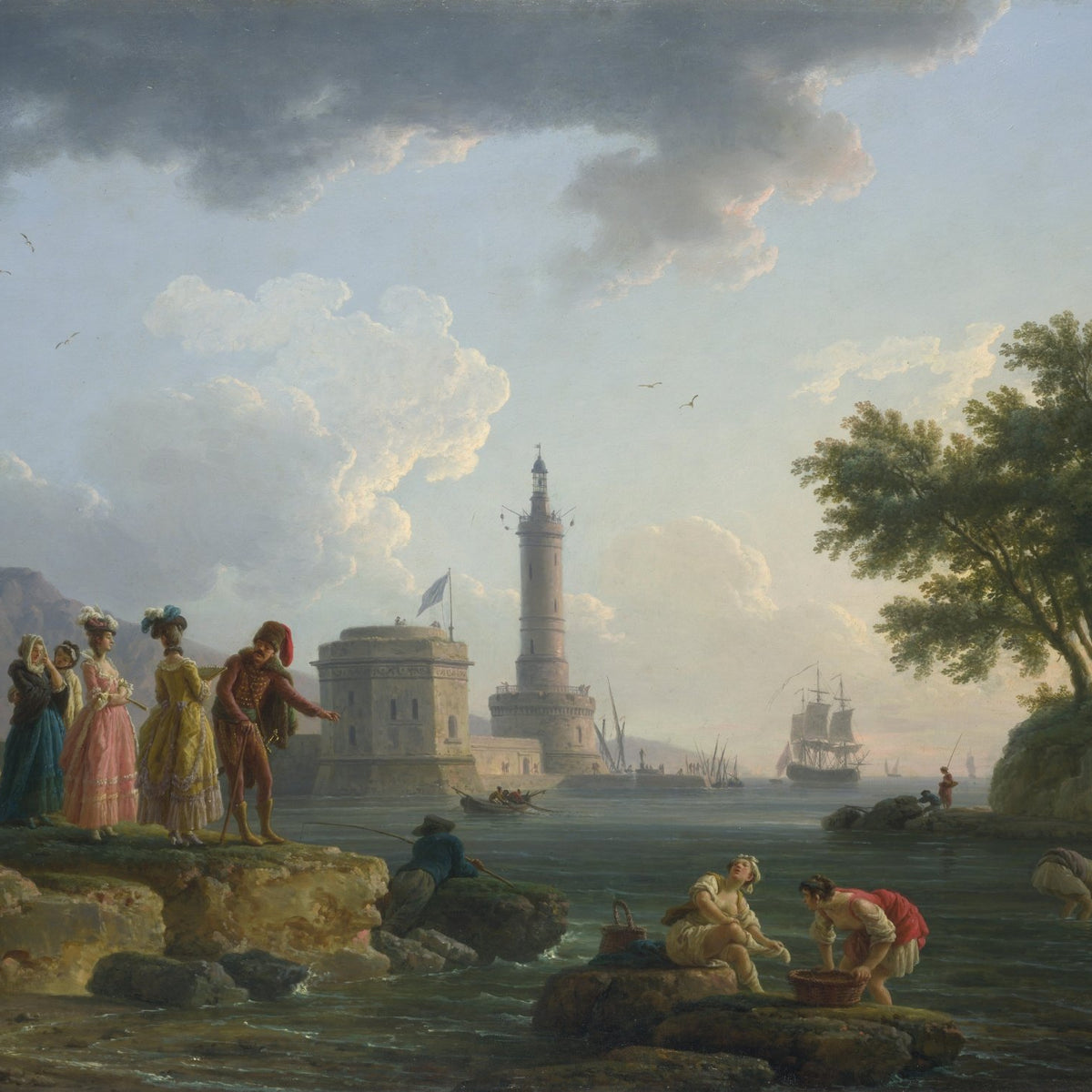 People Oil Painting - Coastal Harbor Scene with Figures - Oil Painting Haven