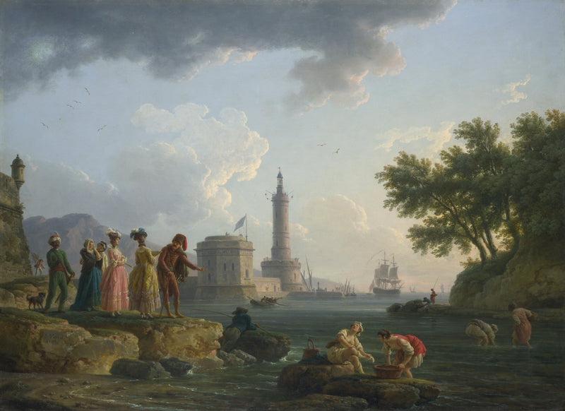 People Oil Painting - Coastal Harbor Scene with Figures - Oil Painting Haven