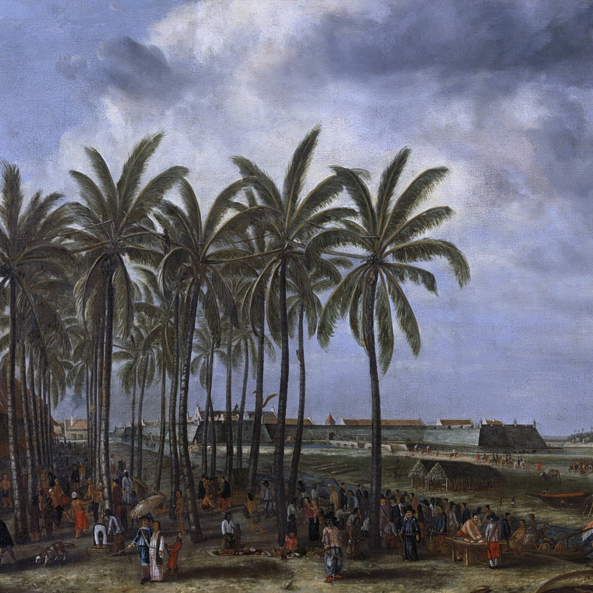 People Oil Painting - Colonial Harbor Life Beneath Palm Trees - Oil Painting Haven