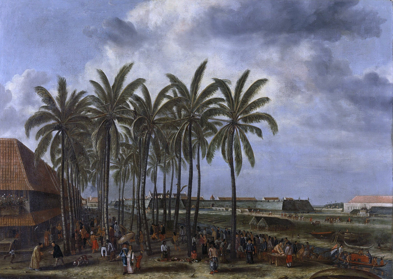 People Oil Painting - Colonial Harbor Life Beneath Palm Trees - Oil Painting Haven