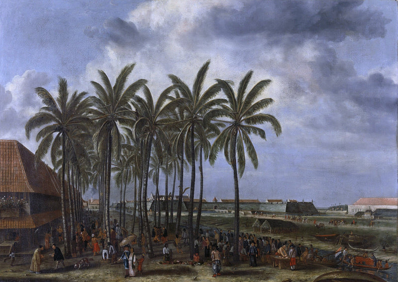 People Oil Painting - Colonial Harbor Life Beneath Palm Trees - Oil Painting Haven