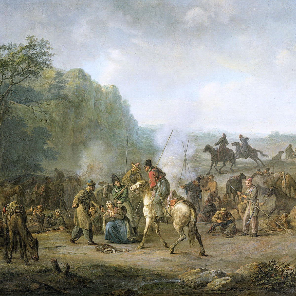 People Oil Painting - Cossack Camp Scene with Riders and Soldiers - Oil Painting Haven