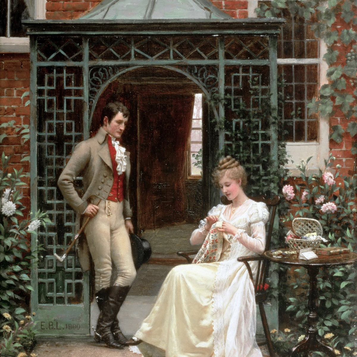 People Oil Painting - Couple in Garden Courtyard Scene - Oil Painting Haven