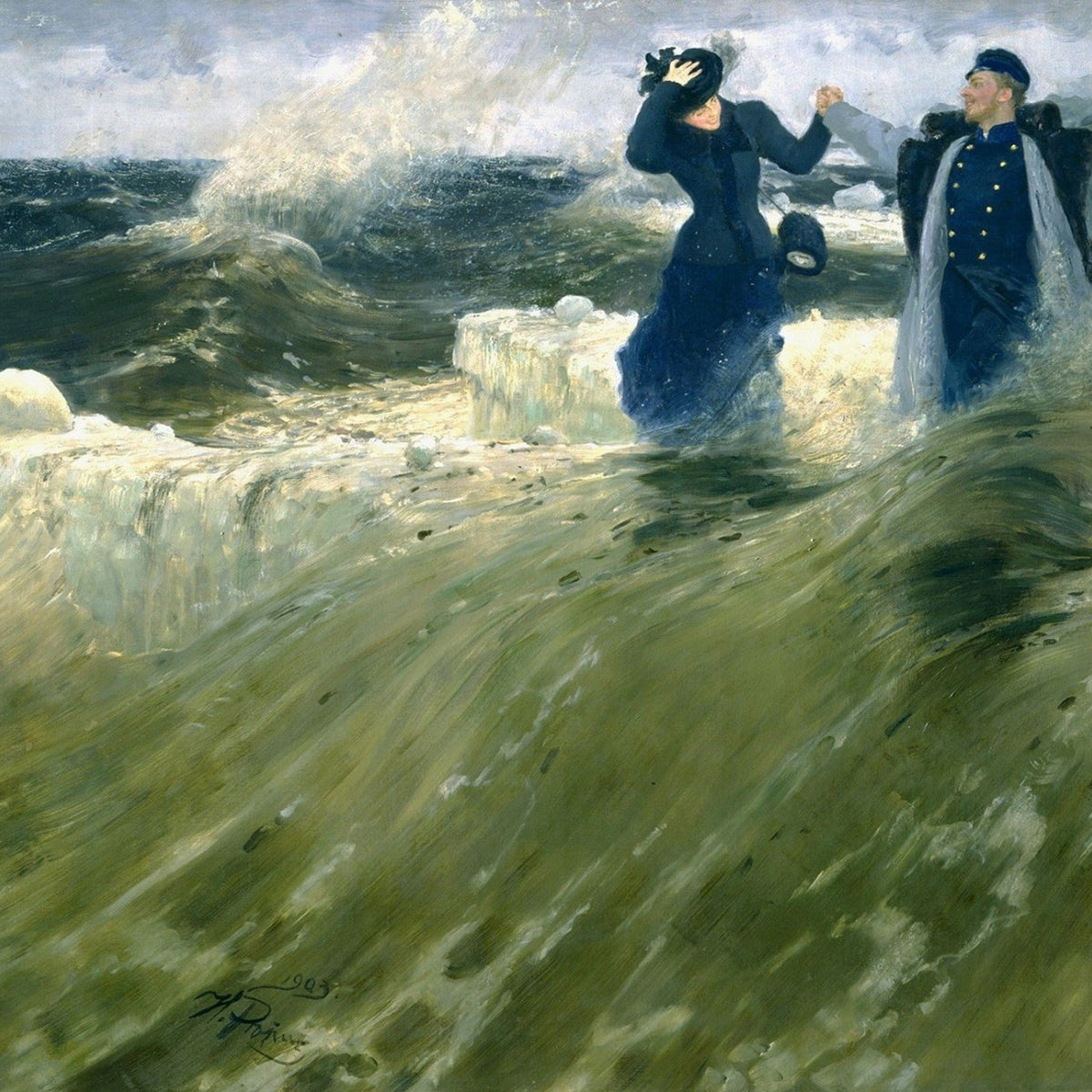 People Oil Painting - Couple in Stormy Sea Waves Scene - Oil Painting Haven
