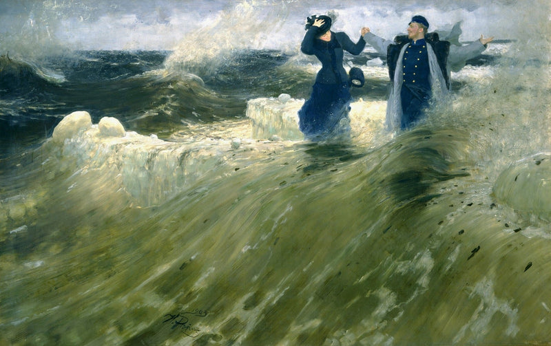 People Oil Painting - Couple in Stormy Sea Waves Scene - Oil Painting Haven