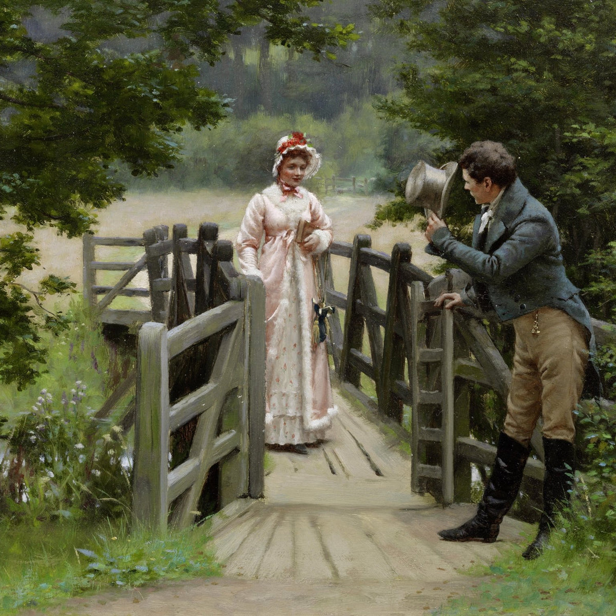 People Oil Painting - Couple Meeting on Wooden Garden Bridge - Oil Painting Haven