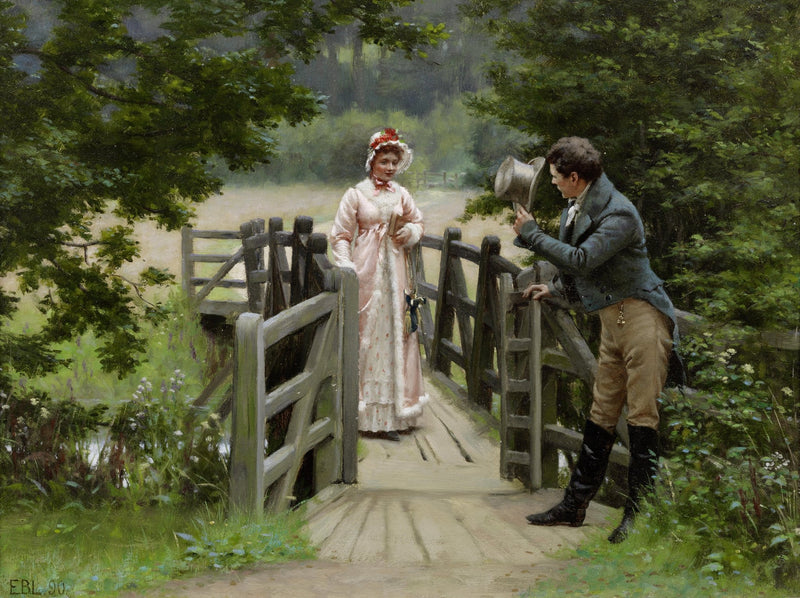 People Oil Painting - Couple Meeting on Wooden Garden Bridge - Oil Painting Haven