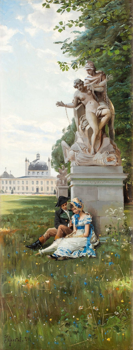 People Oil Painting - Couple Resting by Garden Statue Scene - Oil Painting Haven